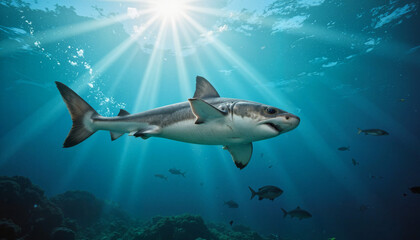 Naklejka premium Graceful baby shark swimming among bubbles in blue waters, marine beauty