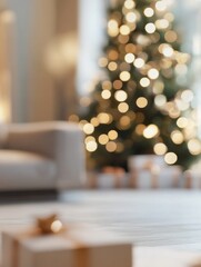 Blurred modern interior of a living room decorated for Christmas. christmas tree, presents, soft focus