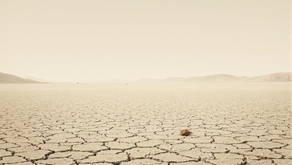 Barren desert landscape with cracked earth and a solitary tumbleweed