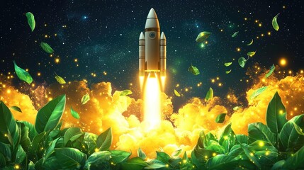 Fototapeta premium A digital concept of a rocket launching from green leaves, symbolizing innovation, growth, and sustainability in technology.
