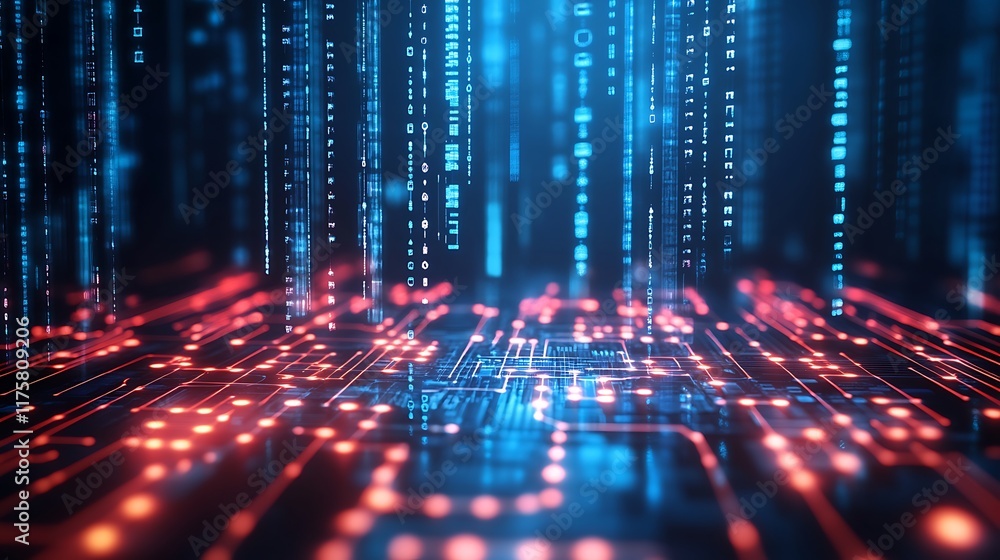 Poster abstract digital data stream flowing over circuitry