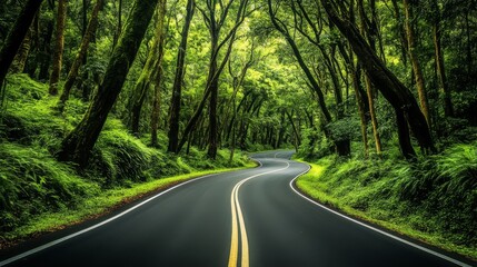 Fototapeta premium A tranquil winding road cuts through a dense, vibrant green forest, offering a serene and refreshing journey through nature's lush and peaceful environment.