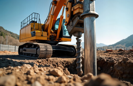 Powerful hydraulic drilling rig works on construction site. Drilling bored piles into earth. Construction vehicle drills holes for pile foundations. Heavy machinery operates outdoors on sunny day.