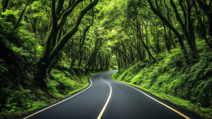 A serene highway winds through a dense green forest with lush vegetation, creating a tranquil and rejuvenating atmosphere for travelers passing through.