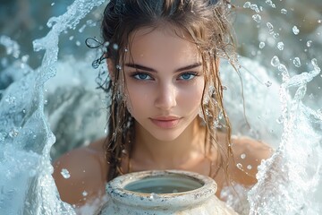 Beautiful woman with piercing blue eyes, wet hair, holding a rustic ceramic jug, surrounded by splashing water, vibrant aqua and white tones, serene expression, Aquarius zodiac symbolism.