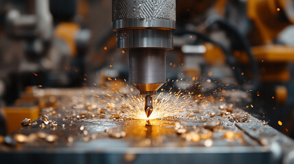 Close-up of a drill bit in action, creating sparks while drilling metal in a workshop