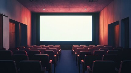 Empty movie theater with large blank screen and red seats.