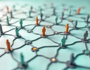 Networked customer interactions visualized. People figures connected by lines representing touchpoints. CRM system maps client journey stages. Visual representation of customer life cycle,