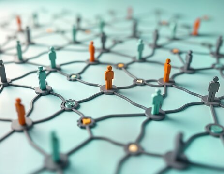 Networked customer interactions visualized. People figures connected by lines representing touchpoints. CRM system maps client journey stages. Visual representation of customer life cycle,