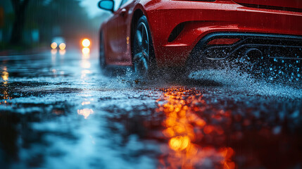  Car driving on a flooded road.