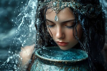 Beautiful woman with serene expression and flowing hair, leaning on an ornate aqua jug with splashing water, wearing white lace, soft lighting, ethereal and tranquil ambiance, Aquarius zodiac symbolis