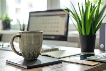 Morning coffee at a desk with a laptop and plant