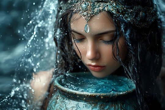 Beautiful woman with serene expression and flowing hair, leaning on an ornate aqua jug with splashing water, wearing white lace, soft lighting, ethereal and tranquil ambiance, Aquarius zodiac symbolis