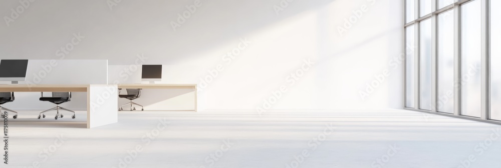 Poster Sunlight flooding an open office space with large windows and empty workstations creates a bright, spacious environment perfect for highlighting company culture