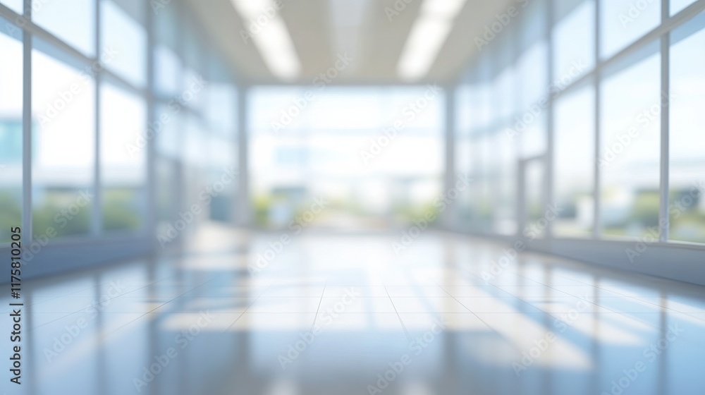 Poster a blurred view of an empty modern office space with large windows and a bright ambiance extending se