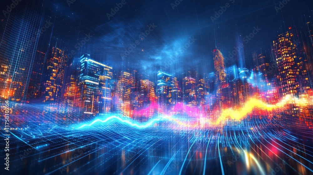 Poster futuristic cityscape with digital data visualization and glowing lines representing technology and i