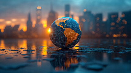 A symbolic representation of Planet Earth against a modern cityscape with a blurred background, highlighting the chaos and the global connection in a world of rapid urbanization

