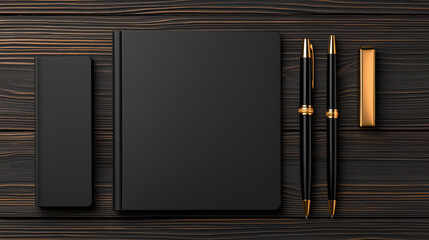 Elegant black notebook and premium pens on wooden surface