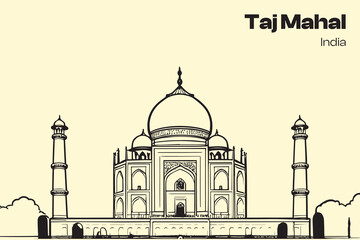 A detailed line drawing of the Taj Mahal, showcasing its intricate details, symmetry, and iconic dome.