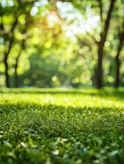 Naklejka premium Green city park bokeh background. Blurred background of city park with green trees and sunlight bokeh, perfect for nature and urban lifestyle themes.
