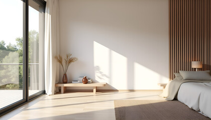 Obraz premium Tranquil Minimalist Bedroom with Natural Light and Japanese Influences