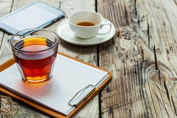 Tea break with notepad and device. Perfect for planning and relaxation.