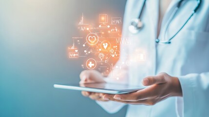 Medical professional using digital tablet is analyzing medical data with futuristic interface showing various health indicators and symbols, representing innovative healthcare technology