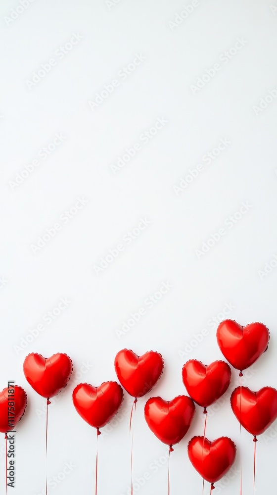 Poster red heart shaped balloons are floating on a white background, creating a romantic atmosphere perfect