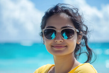 portrait of a happy young woman wearing sunglasses, with a blue sky and sea in the background. She is wearing a yellow shirt. This is a close-up portrait, taken on a sunny day with sunlight and sun ra