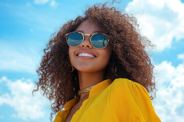 portrait of a happy young woman wearing sunglasses, with a blue sky and sea in the background. She is wearing a yellow shirt. This is a close-up portrait, taken on a sunny day with sunlight and sun ra