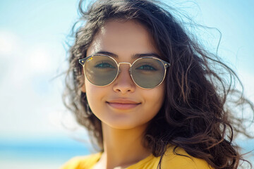 portrait of a happy young woman wearing sunglasses, with a blue sky and sea in the background. She is wearing a yellow shirt. This is a close-up portrait, taken on a sunny day with sunlight and sun ra