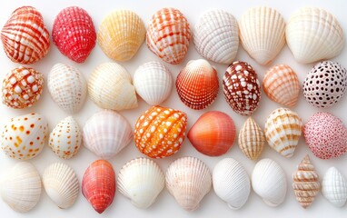 Fototapeta premium Collection of Colorful Seashells Summer Beach Vacation Ocean Decor Coastal Theme Variety of Shells