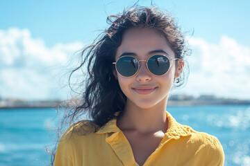 portrait of a happy young woman wearing sunglasses, with a blue sky and sea in the background. She is wearing a yellow shirt. This is a close-up portrait, taken on a sunny day with sunlight and sun ra