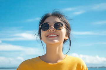 portrait of a happy young woman wearing sunglasses, with a blue sky and sea in the background. She is wearing a yellow shirt. This is a close-up portrait, taken on a sunny day with sunlight and sun ra