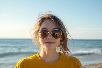 portrait of a happy young woman wearing sunglasses, with a blue sky and sea in the background. She is wearing a yellow shirt. This is a close-up portrait, taken on a sunny day with sunlight and sun ra