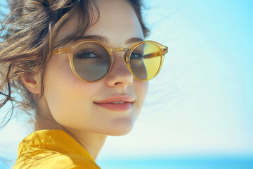 portrait of a happy young woman wearing sunglasses, with a blue sky and sea in the background. She is wearing a yellow shirt. This is a close-up portrait, taken on a sunny day with sunlight and sun ra