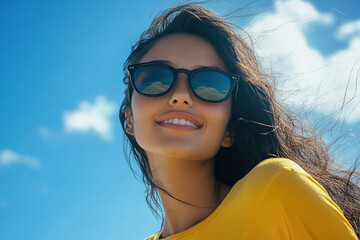 portrait of a happy young woman wearing sunglasses, with a blue sky and sea in the background. She is wearing a yellow shirt. This is a close-up portrait, taken on a sunny day with sunlight and sun ra