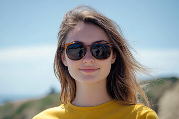 portrait of a happy young woman wearing sunglasses, with a blue sky and sea in the background. She is wearing a yellow shirt. This is a close-up portrait, taken on a sunny day with sunlight and sun ra