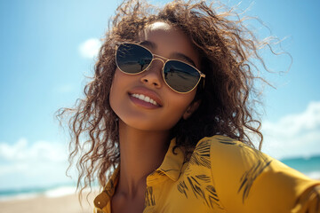 portrait of a happy young woman wearing sunglasses, with a blue sky and sea in the background. She is wearing a yellow shirt. This is a close-up portrait, taken on a sunny day with sunlight and sun ra