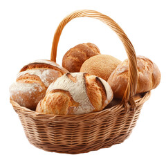A beautifully arranged basket filled with various types of freshly baked bread on a transparent background, Basket of Delicious Bread transparent background