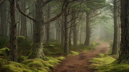 Obraz premium Dark forest without foliage shrouded in fog. Gloomy natural fall background. Illustration for cover, postcard, interior design, poster or presentation.