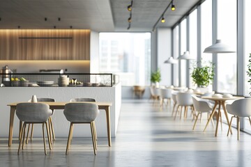 Modern cafe interior with wooden tables and chairs, bright and airy space with city views.