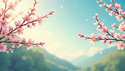 Delicate Pink Cherry Blossoms in Springtime Landscape