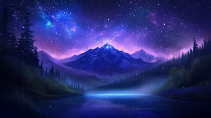 Fototapeta premium A majestic mountain under a vast, starry night sky reflects its beauty in a peaceful lake, creating a captivating scene of nature's awe-inspiring grandeur and serenity.