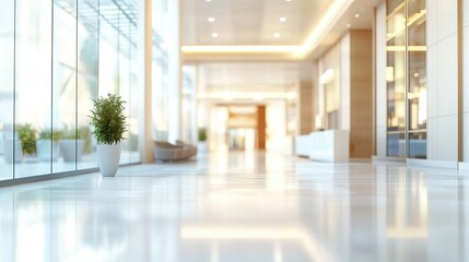 Blurred hotel or office building lobby blur background interior view toward reception hall modern luxury white room space with blurry corridor and building glass wall window : Generative AI