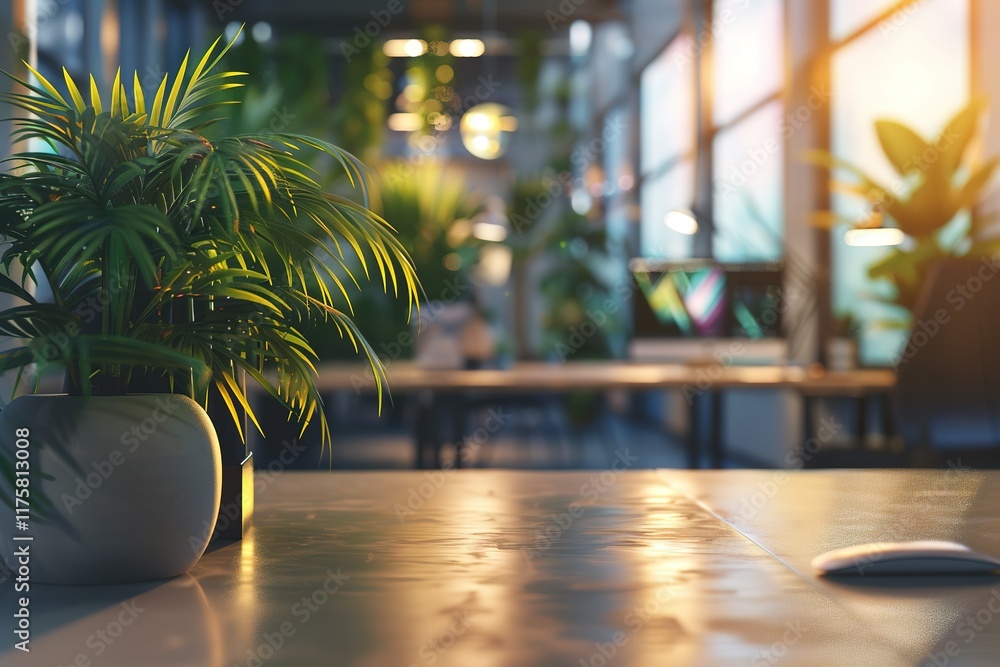 Poster modern office workspace with plants and a computer mouse.