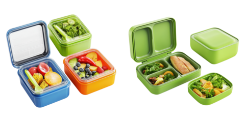 Environmentally friendly lunchbox isolated on transparent background, Set of