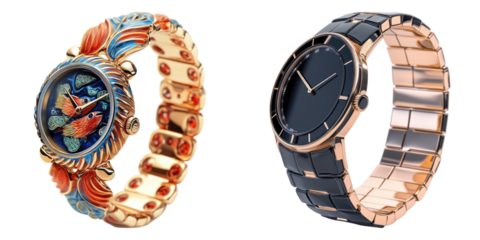 Fashion forward ceramic bracelet watch isolated on transparent background, Set of