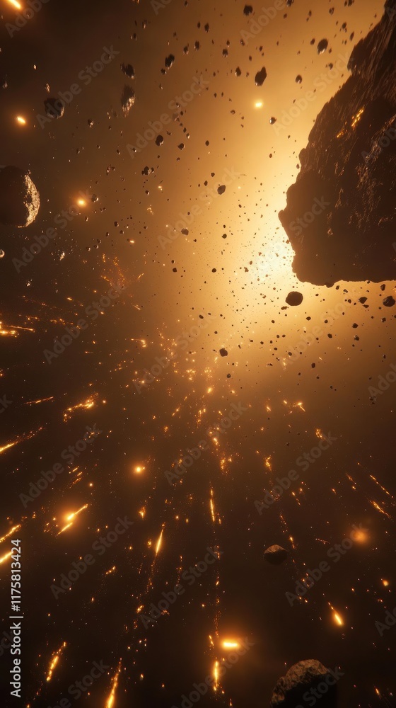 Poster stunning cosmic explosion with asteroids illuminated by bright light in deep space, featuring astoun
