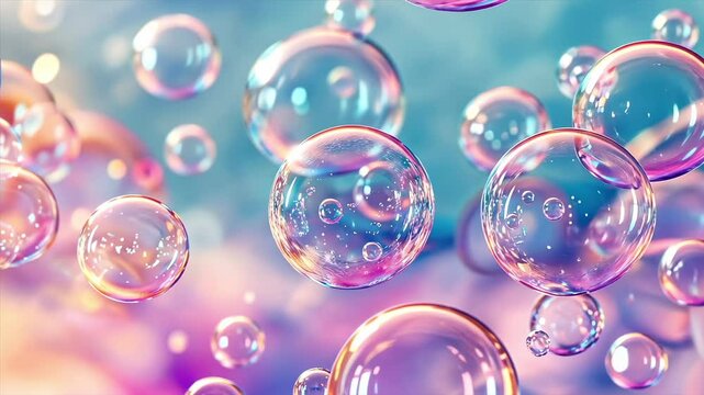 Soap bubbles floating on a pastel gradient background, ideal for children's entertainment, party invitations, and creative marketing designs